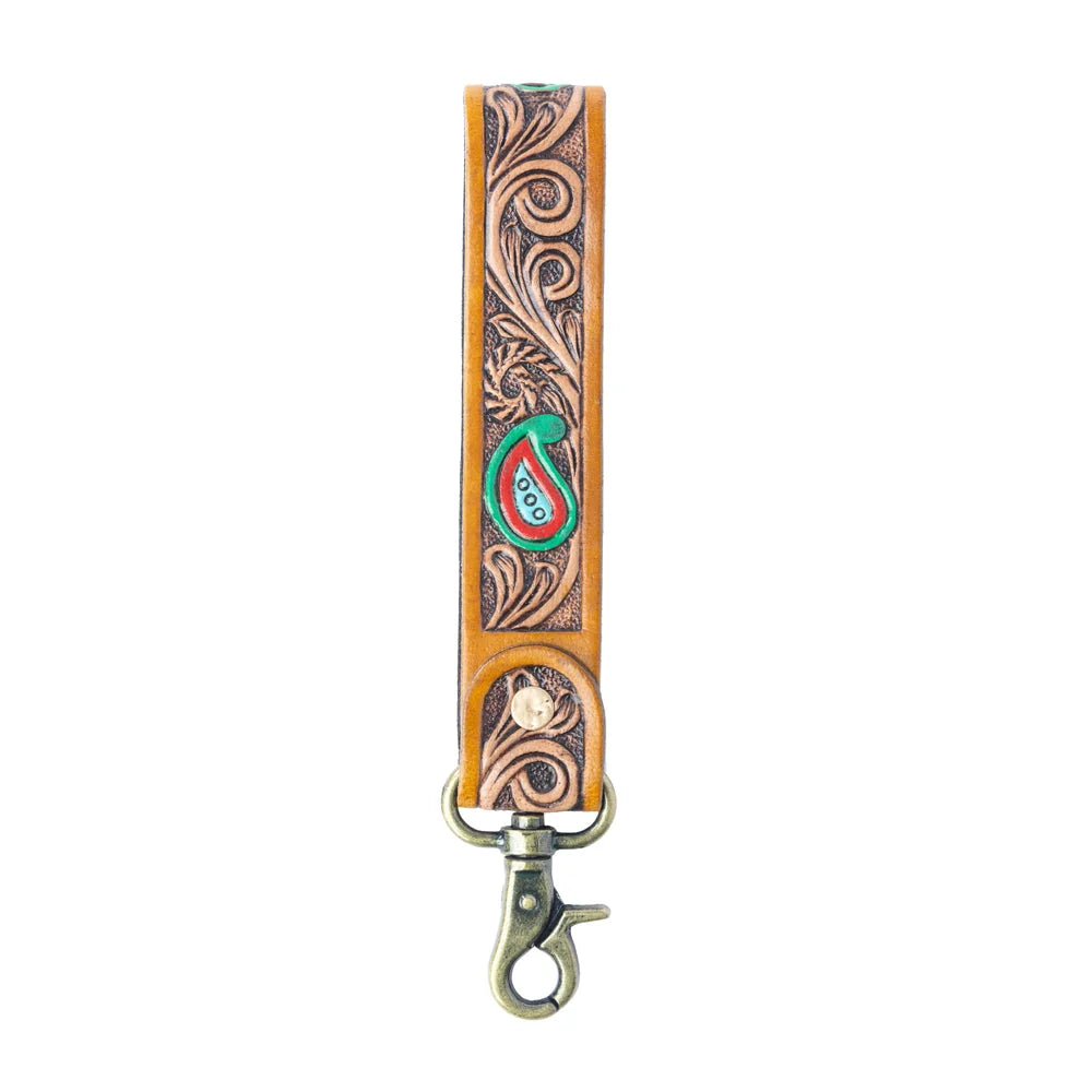 Emerald Ember Handtooled Leather Keyfob In Desert Green