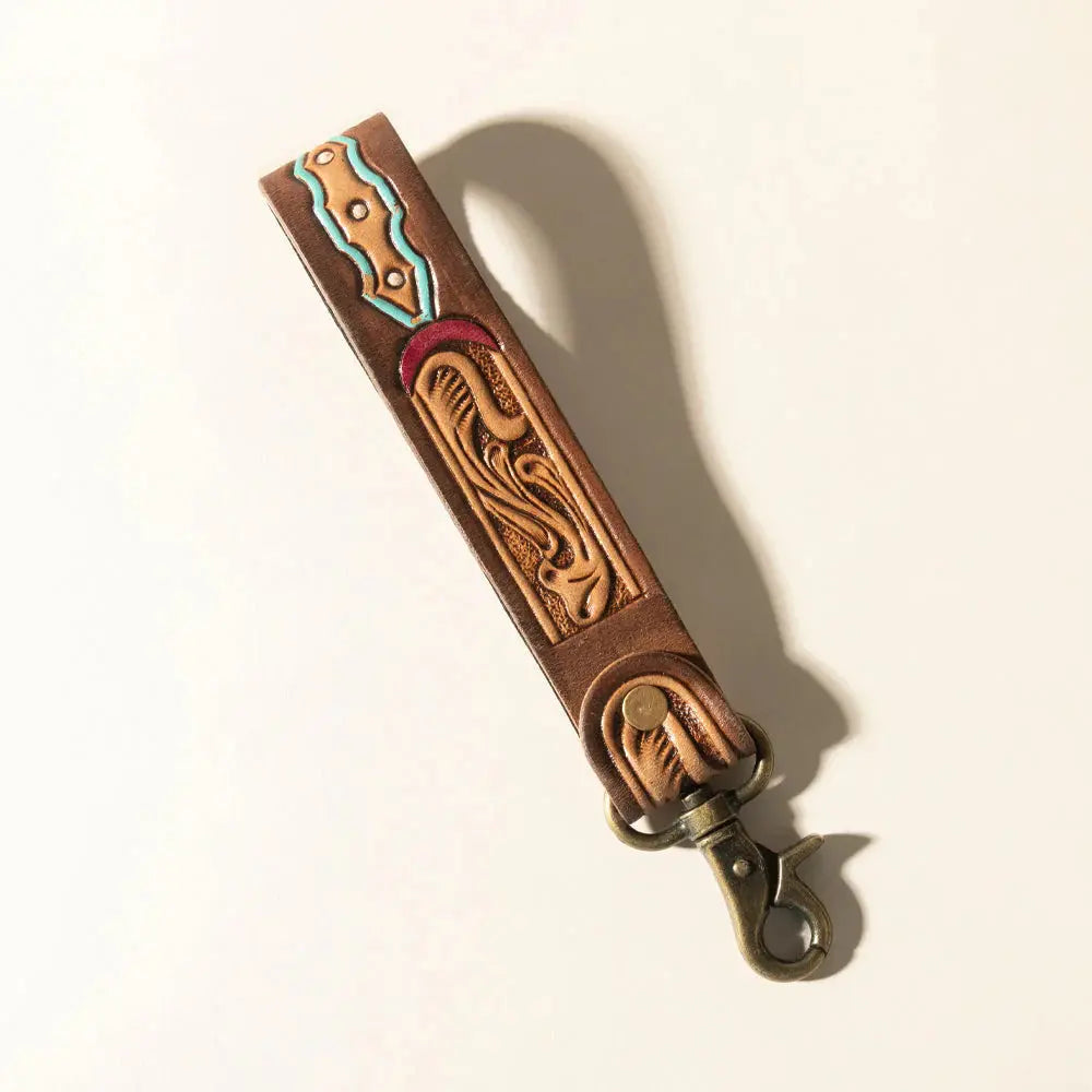 Skyland Stitch Handtooled Leather Keyfob In Cactus Blue