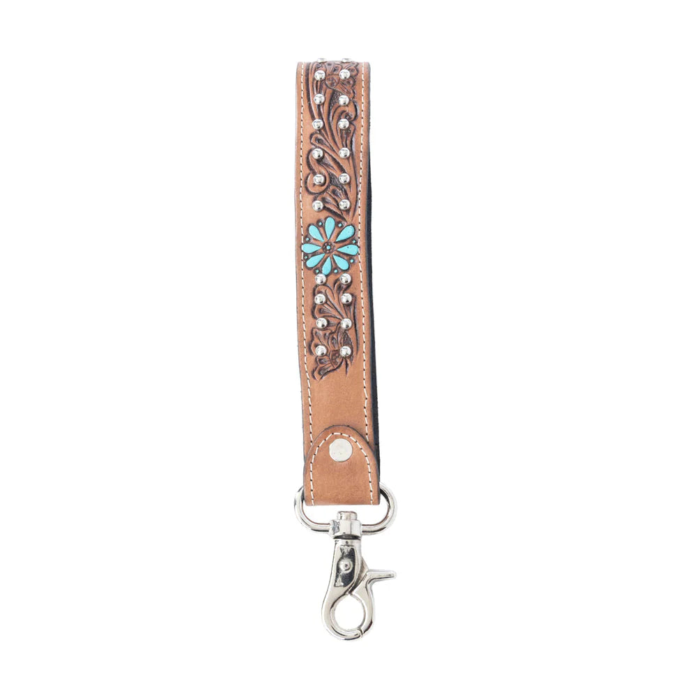 Desert Daisy Handtooled Leather Keyfob In Cactus Umber