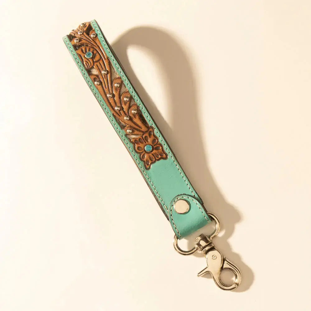 River Glen Handtooled Hairon Leather Key Fob In Aqua Saddle