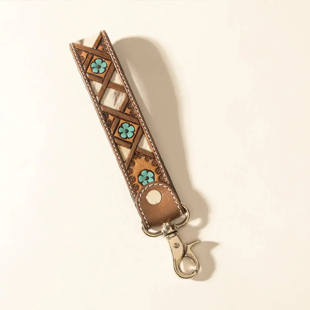 Moonflower Handtooled Leather Keyfob In Sienna Sky