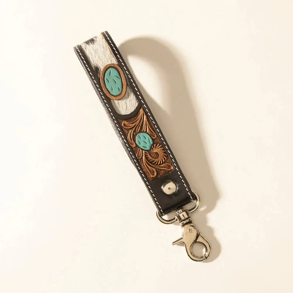 Tallin Bloom Handtooled Leather Keyfob In Saddle Sky