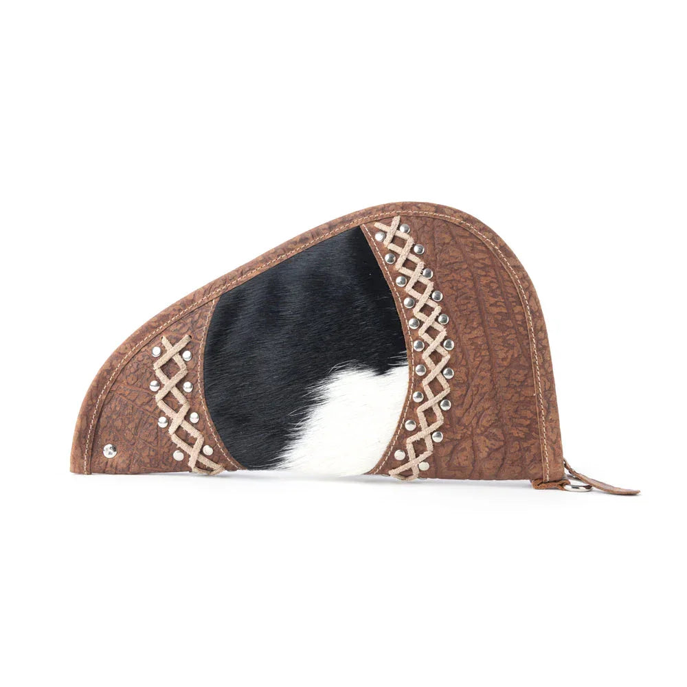 Myra Range Point Ivory hairon gun case with cowhide panel and silver studs