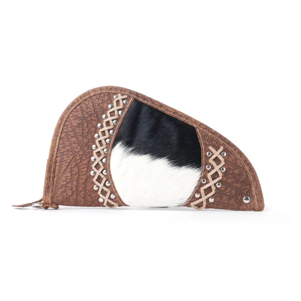 Myra Range Point Ivory hairon gun case with cowhide panel and silver studs