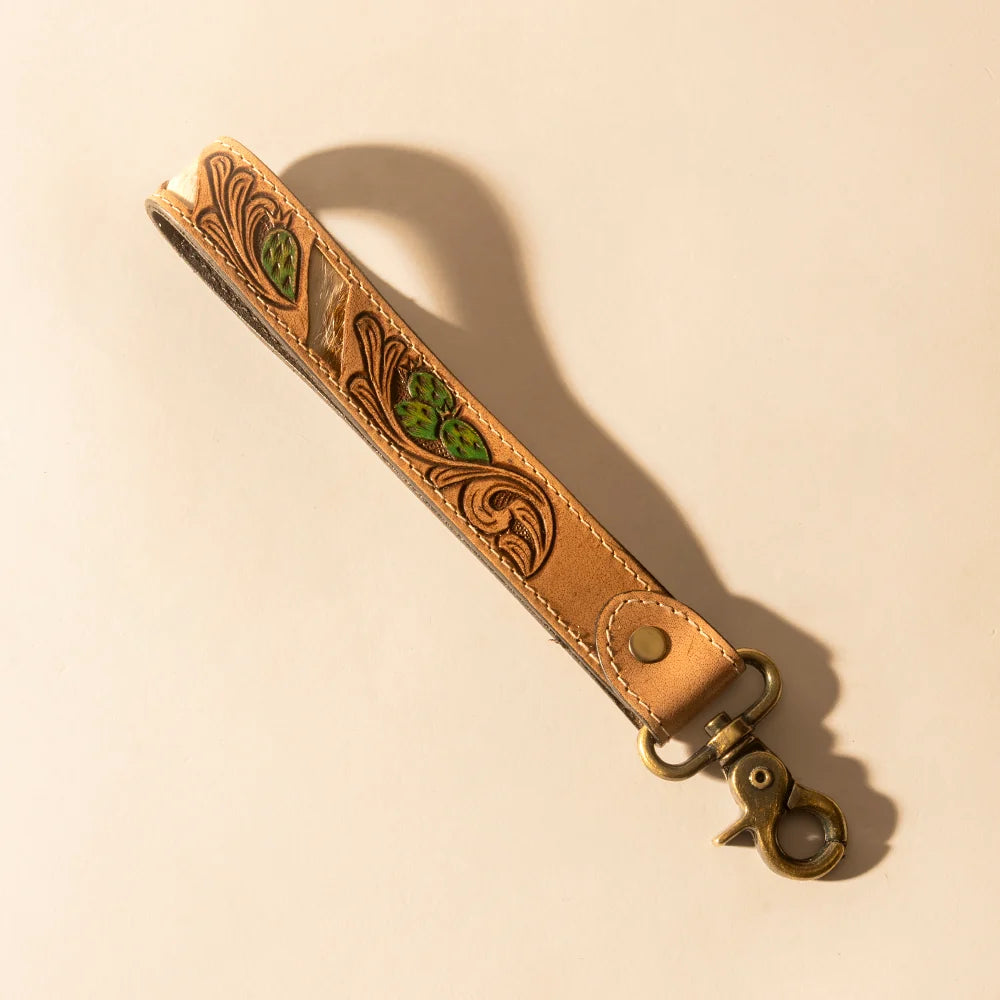 Wildvine Pony Western Handtooled Key Fob In Tan With Cactus Detail