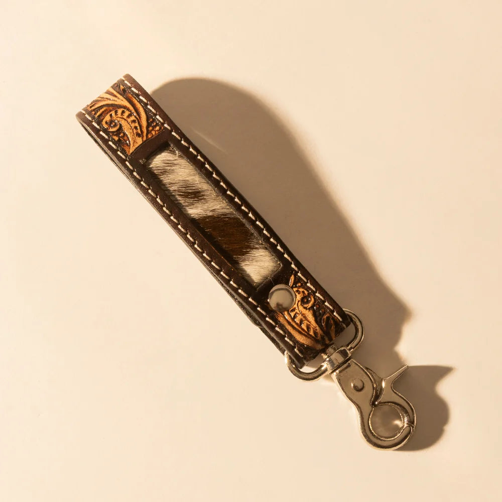Hide Inlay Western Key Fob In Dark Brown With Hairon Detail