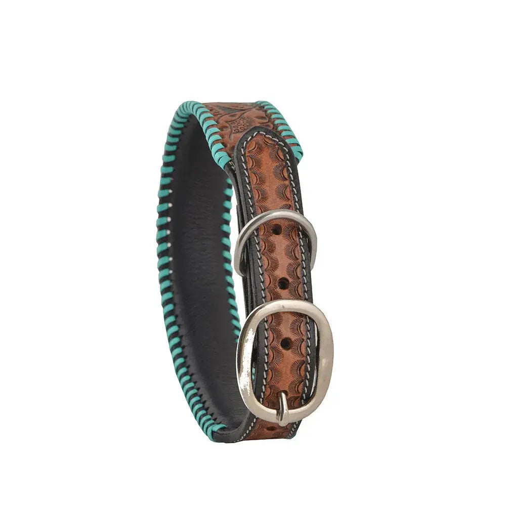 TEAL RED BLOOM HAND-TOOLED PADDED LEATHER DOG COLLAR WITH TEAL LACING Dog