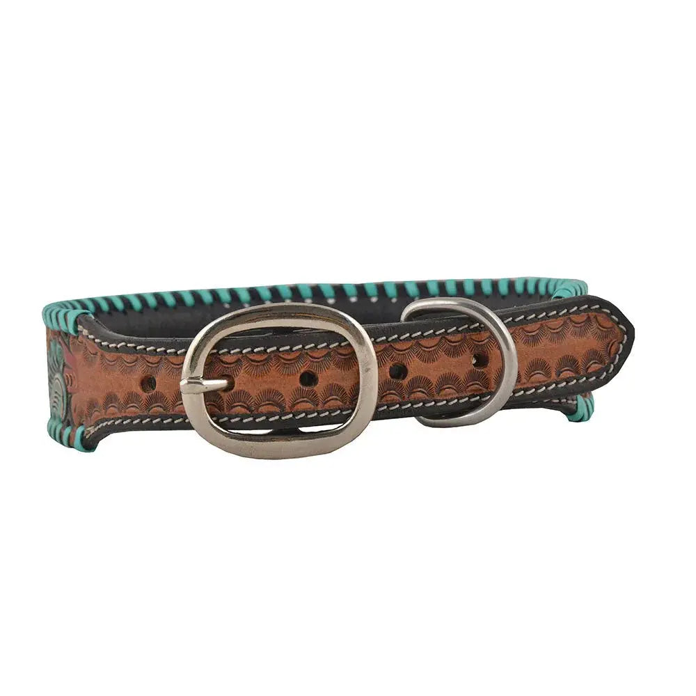TEAL RED BLOOM HAND-TOOLED PADDED LEATHER DOG COLLAR WITH TEAL LACING Dog