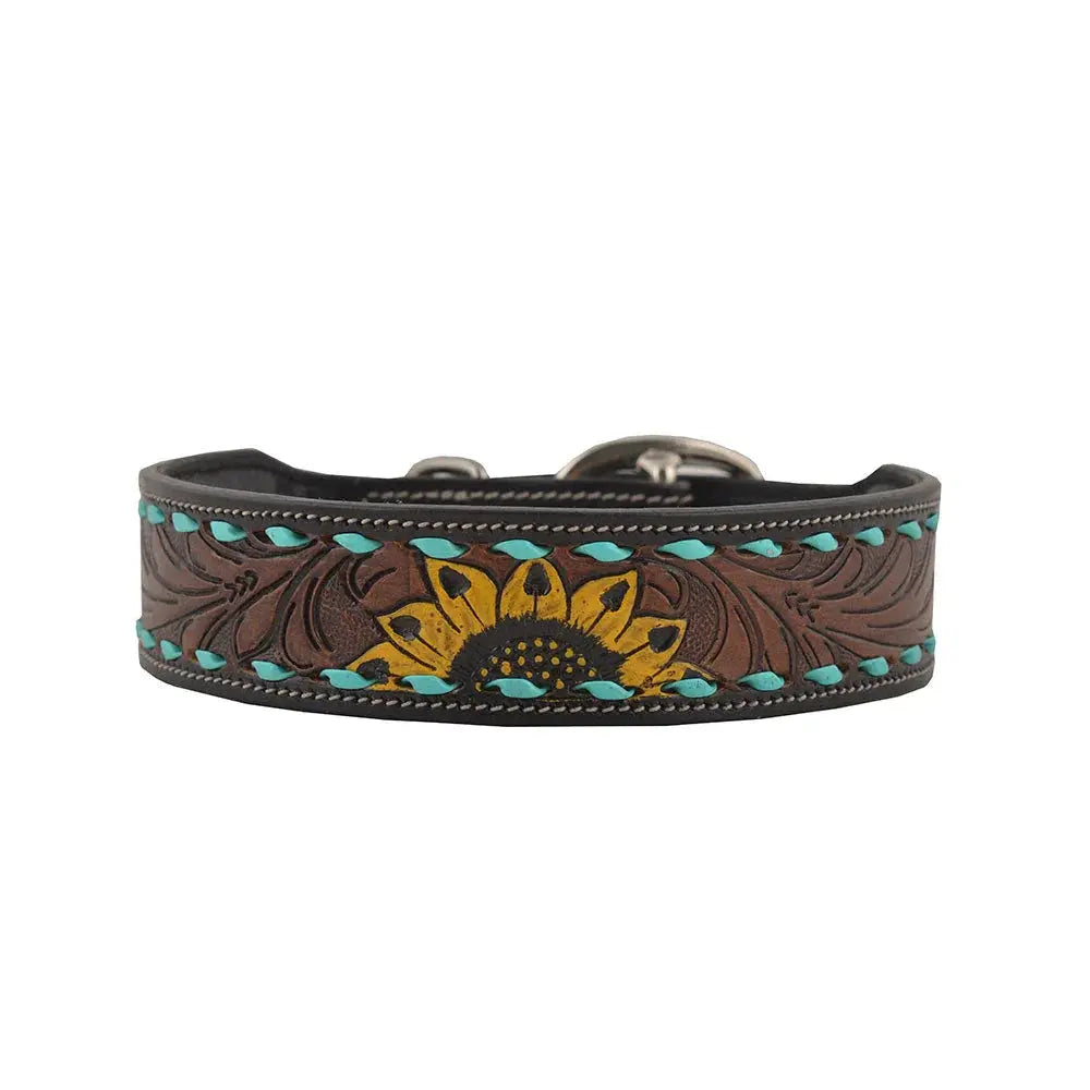 SCENIC SUNFLOWER HAND-TOOLED PADDED LEATHER DOG COLLAR Dog