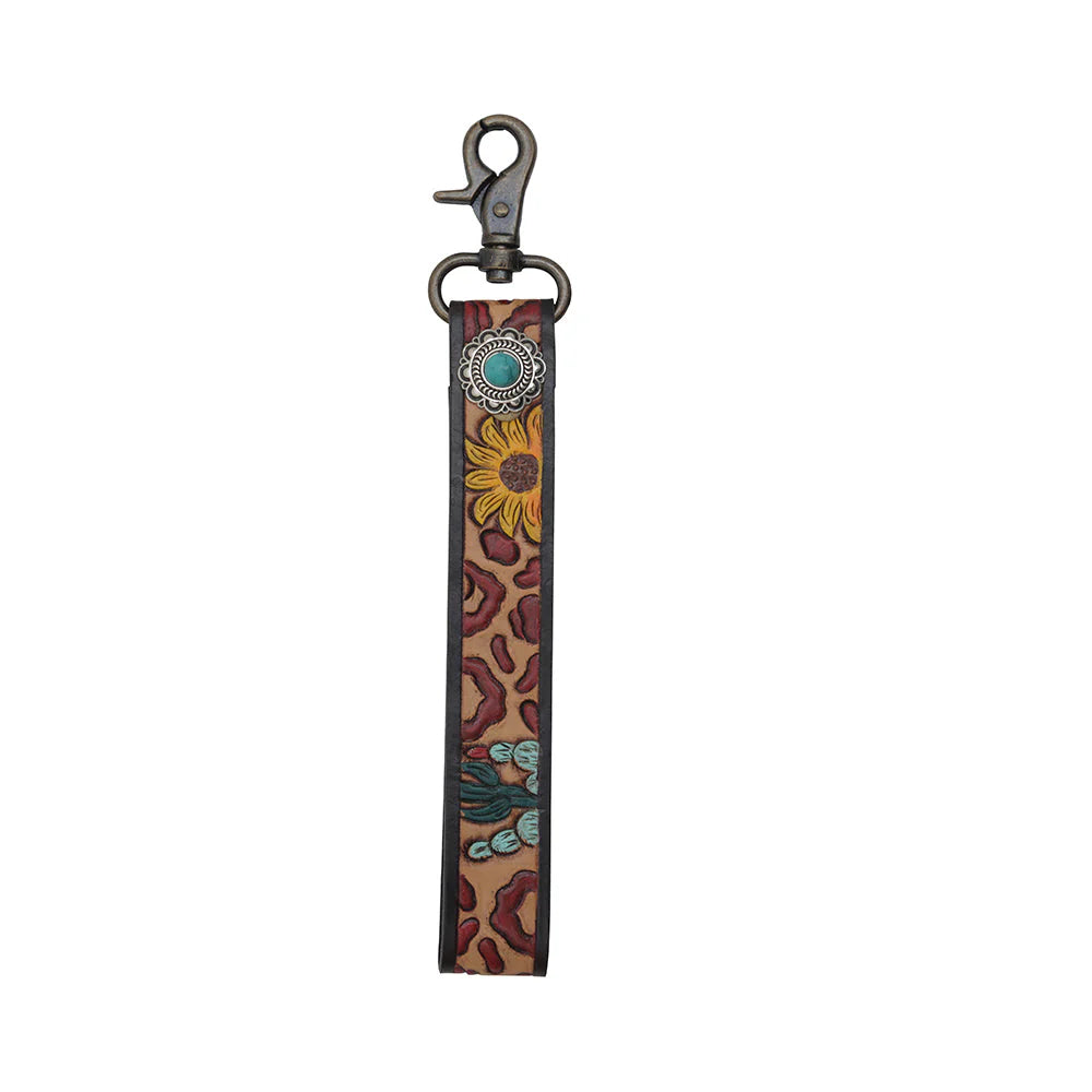 Sunny Key Fob tan leather wristlet strap with sunflower, cactus, leopard print, turquoise stone