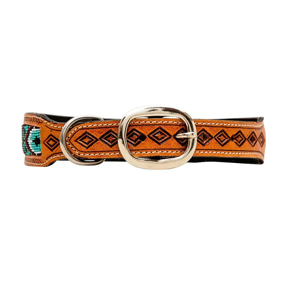 TEAL WHITZER AZTEC HAND-TOOLED PADDED LEATHER DOG COLLAR Dog