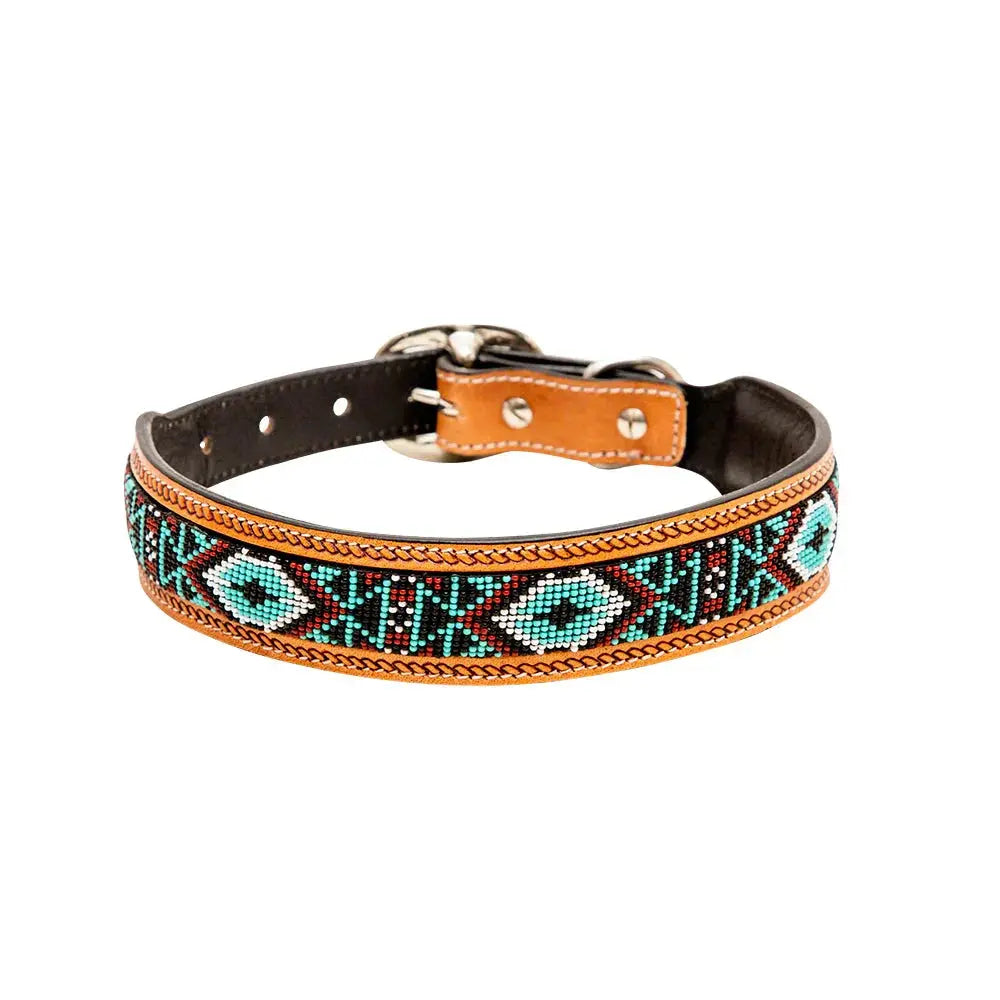 TEAL WHITZER AZTEC HAND-TOOLED PADDED LEATHER DOG COLLAR Dog