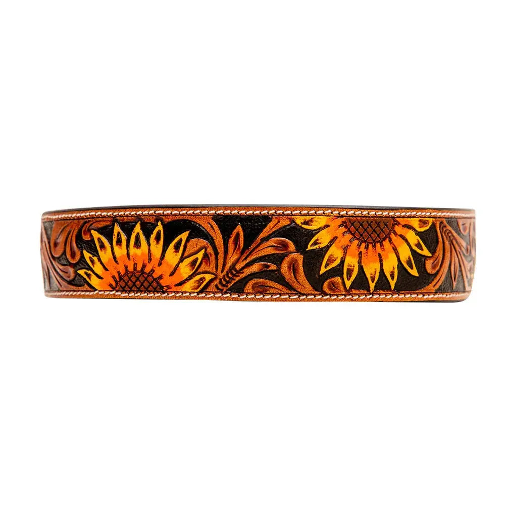 YELLOW SUNFLOWER HAND-TOOLED PADDED LEATHER DOG COLLAR Dog
