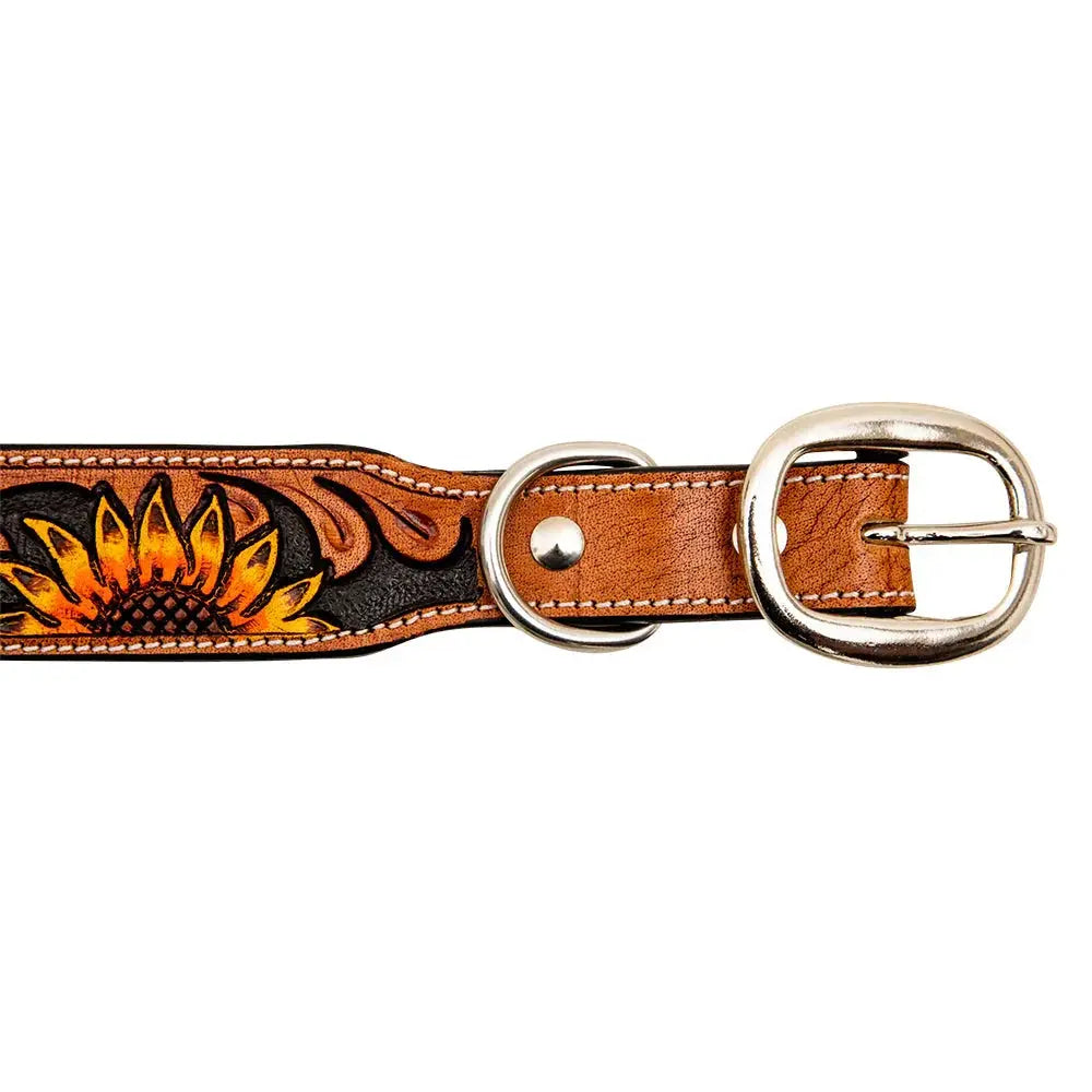 YELLOW SUNFLOWER HAND-TOOLED PADDED LEATHER DOG COLLAR Dog