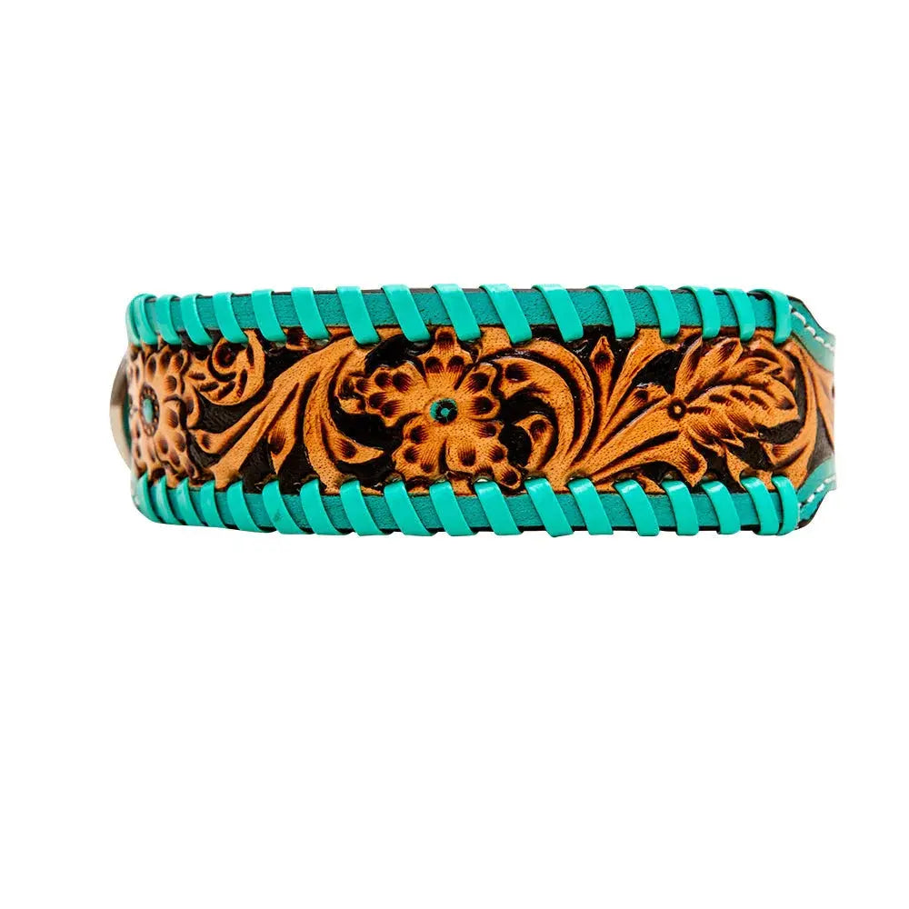 TEAL LACED HAND-TOOLED PADDED LEATHER DOG COLLAR Dog