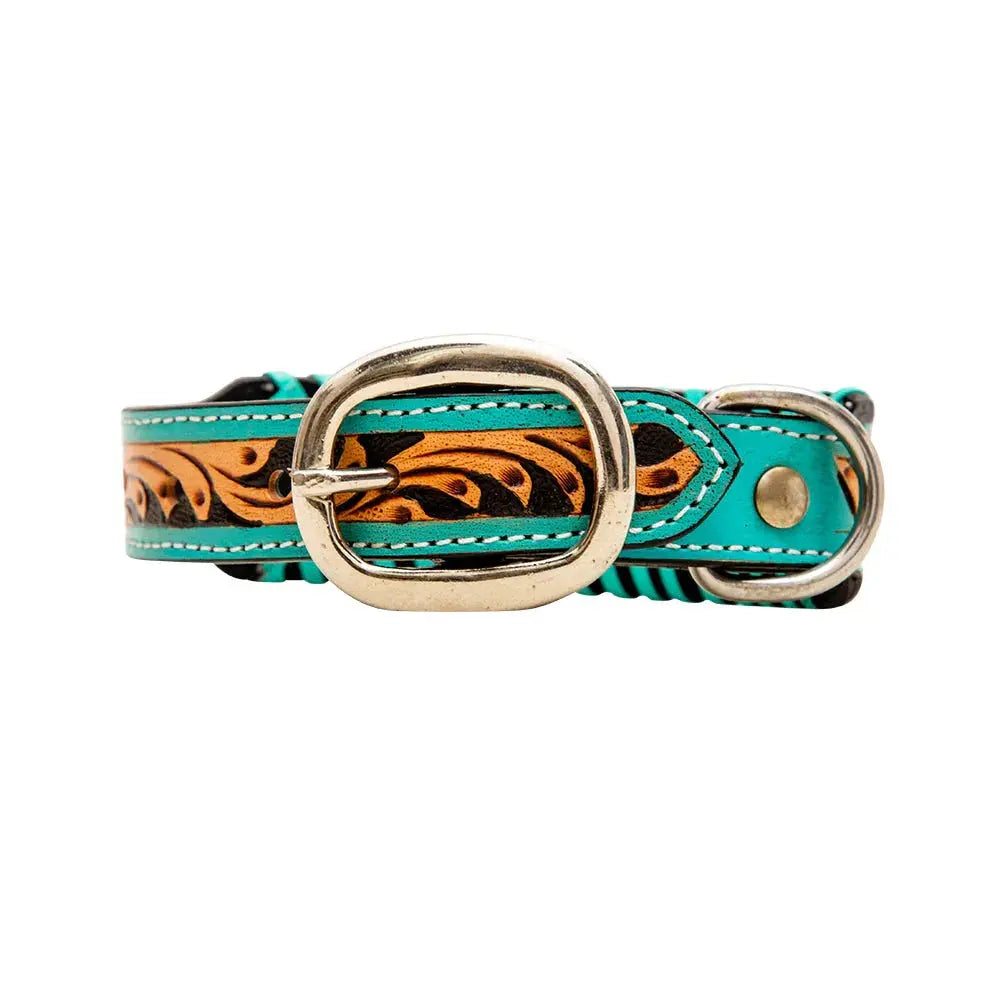 TEAL LACED HAND-TOOLED PADDED LEATHER DOG COLLAR Dog