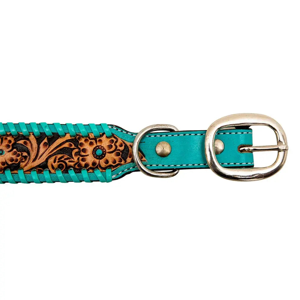 TEAL LACED HAND-TOOLED PADDED LEATHER DOG COLLAR Dog