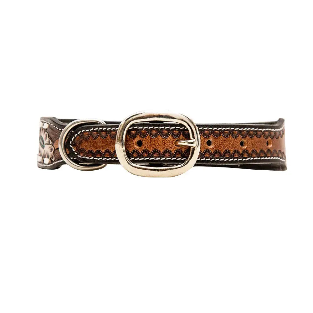 WHITE TOOLED FLOWER HAND-TOOLED PADDED LEATHER DOG COLLAR Dog