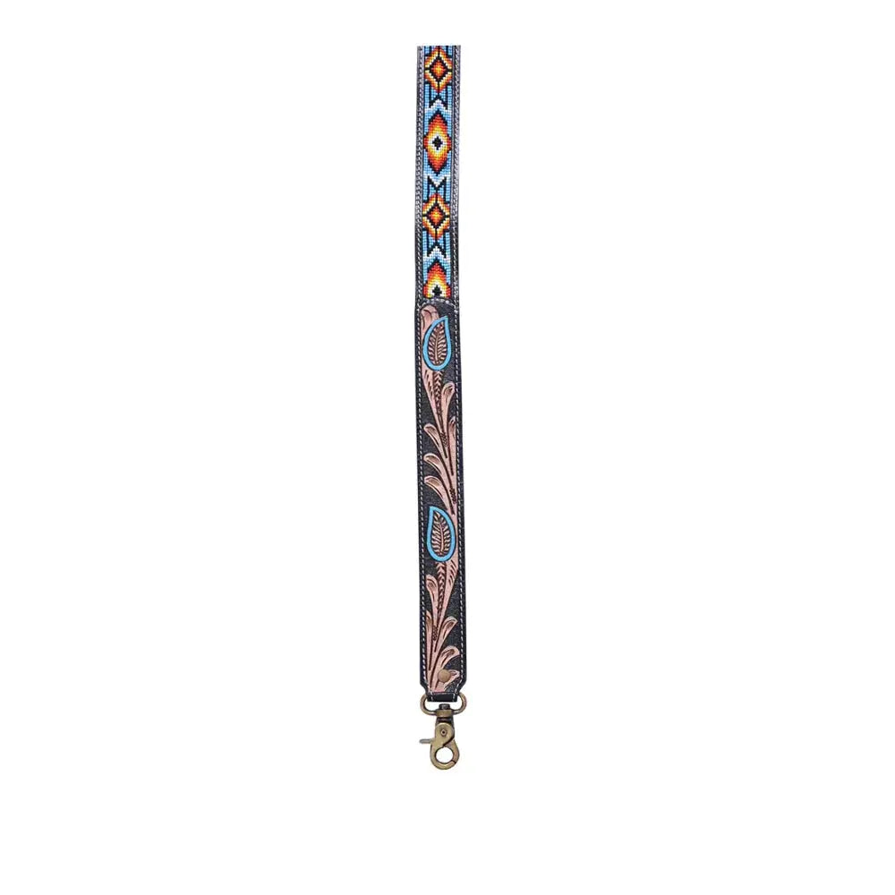 Blazing Sun Hand-Tooled black leather lanyard with beaded geometric patterns