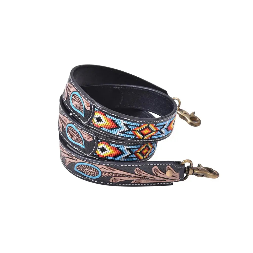 Blazing Sun hand-tooled black leather strap with turquoise, orange, brown beaded feathers