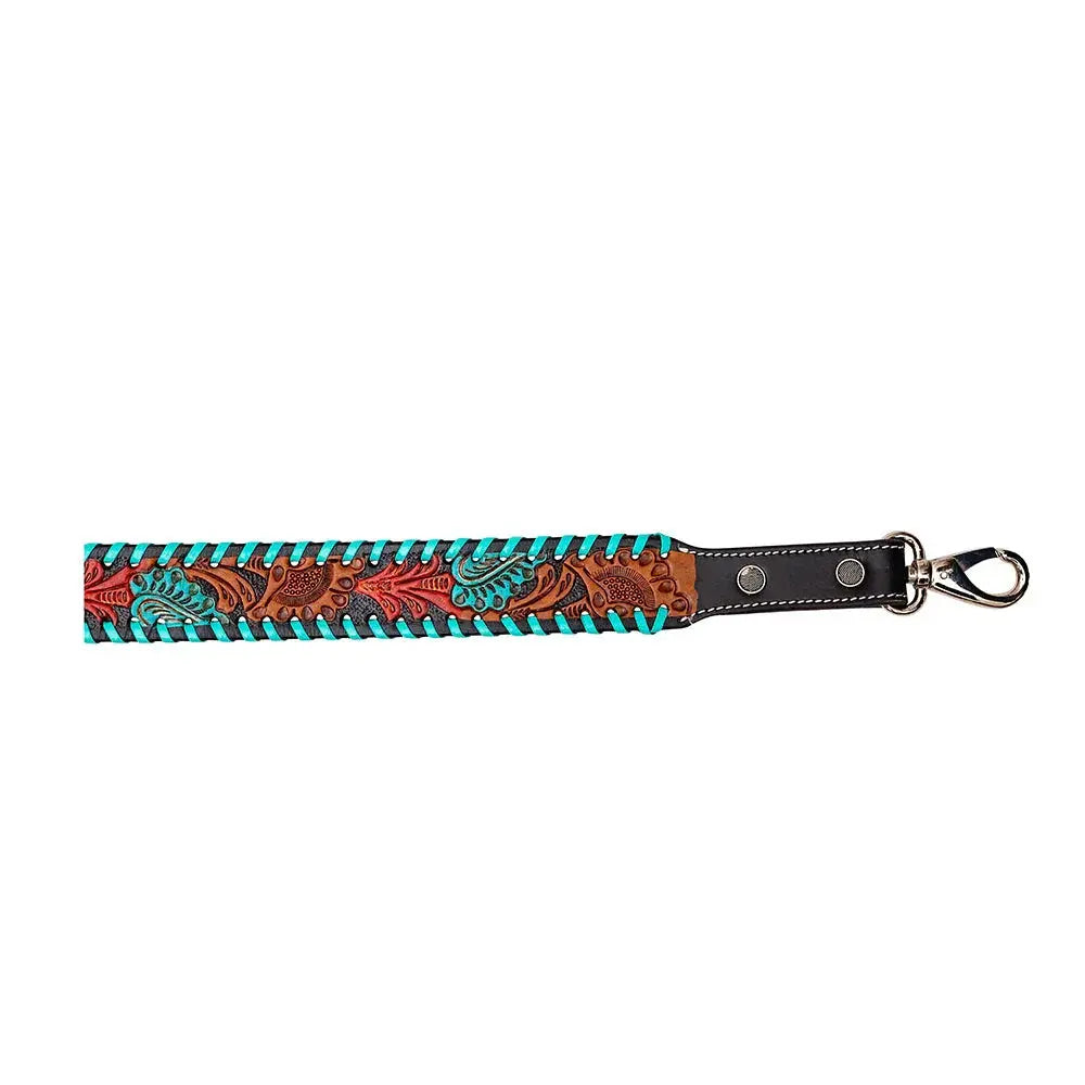 TEAL RED BLOOM HAND-TOOLED LEATHER STRAP