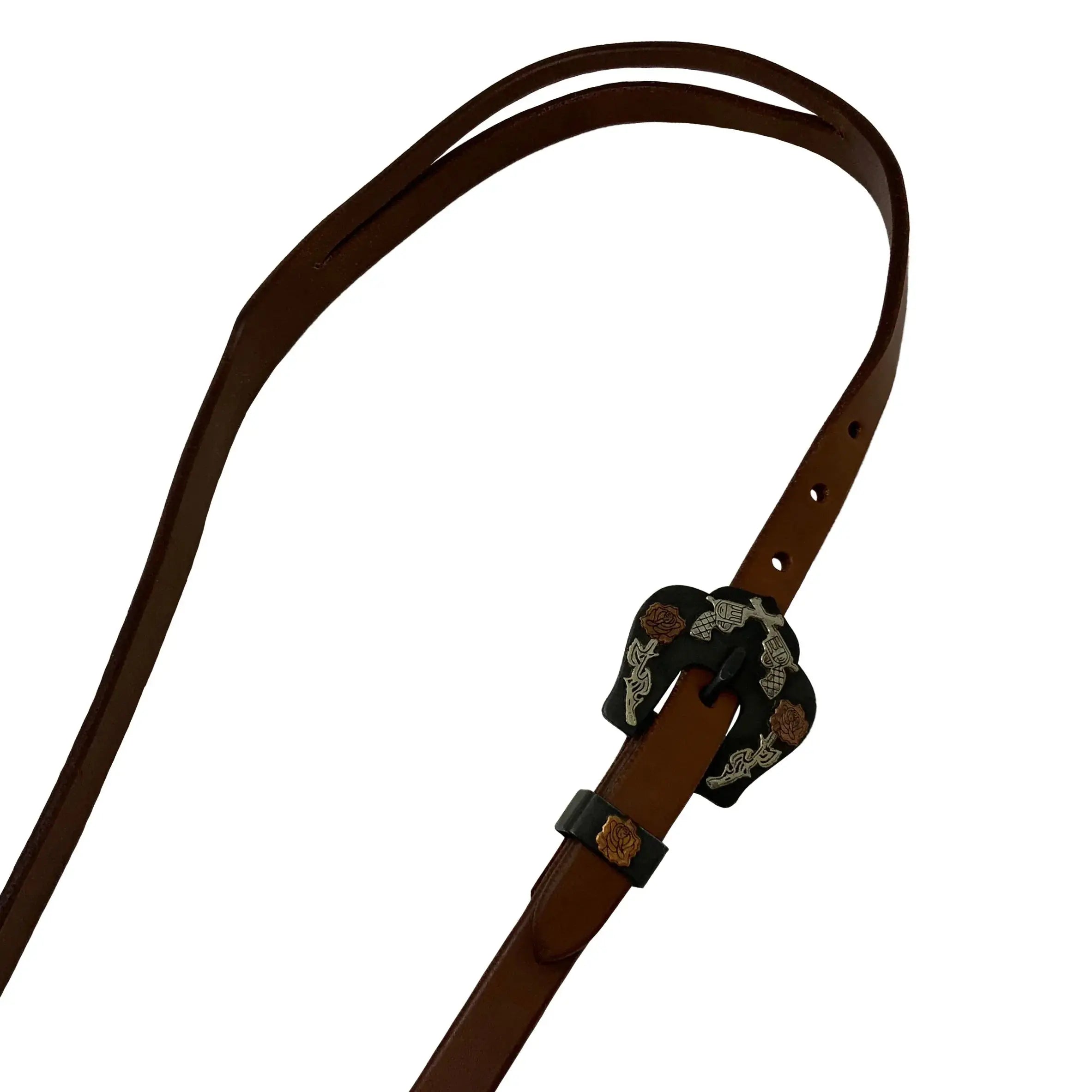 Oiled Harness Split Ear Headstall With Guns and Roses Buckle Horse