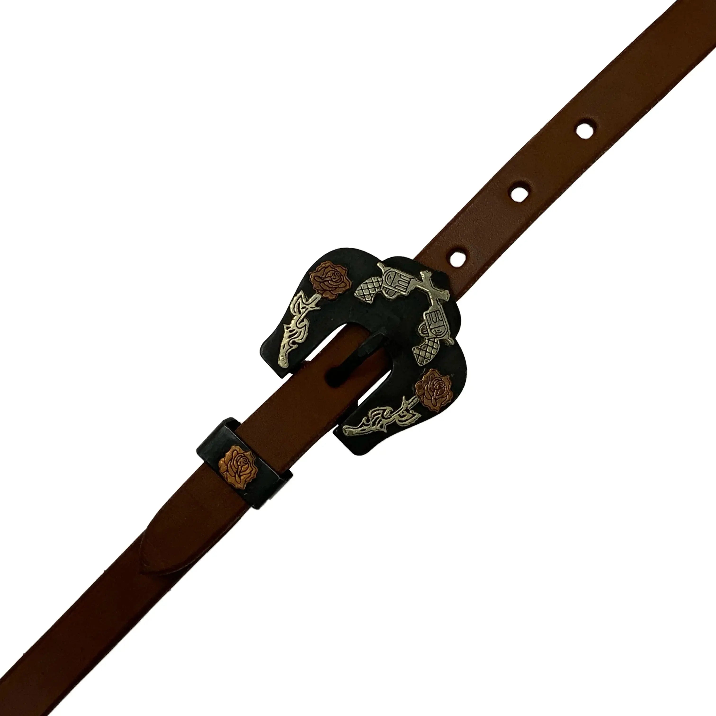 Oiled Harness Split Ear Headstall With Guns and Roses Buckle Horse