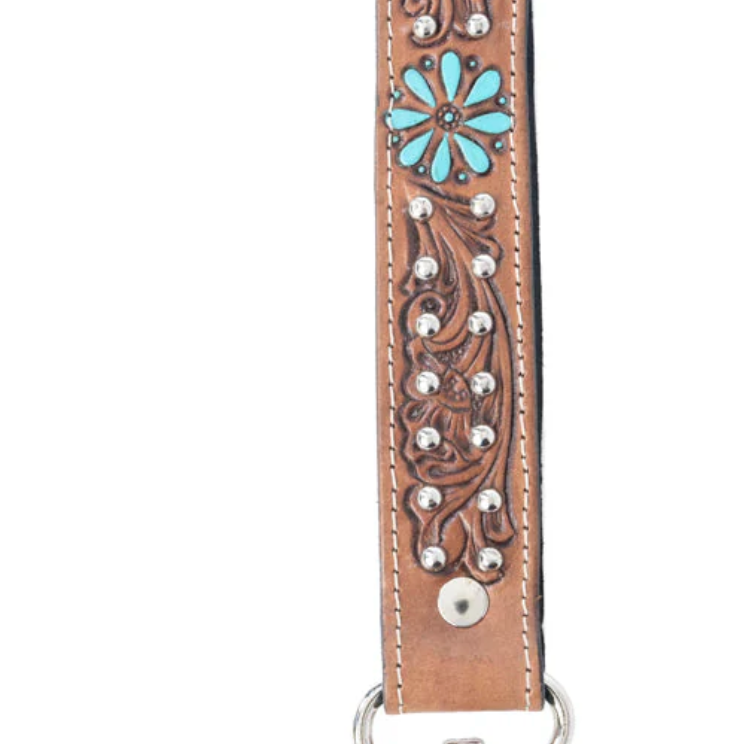 Desert Daisy keyfob in Cactus Umber: brown leather wristlet with turquoise floral inlay