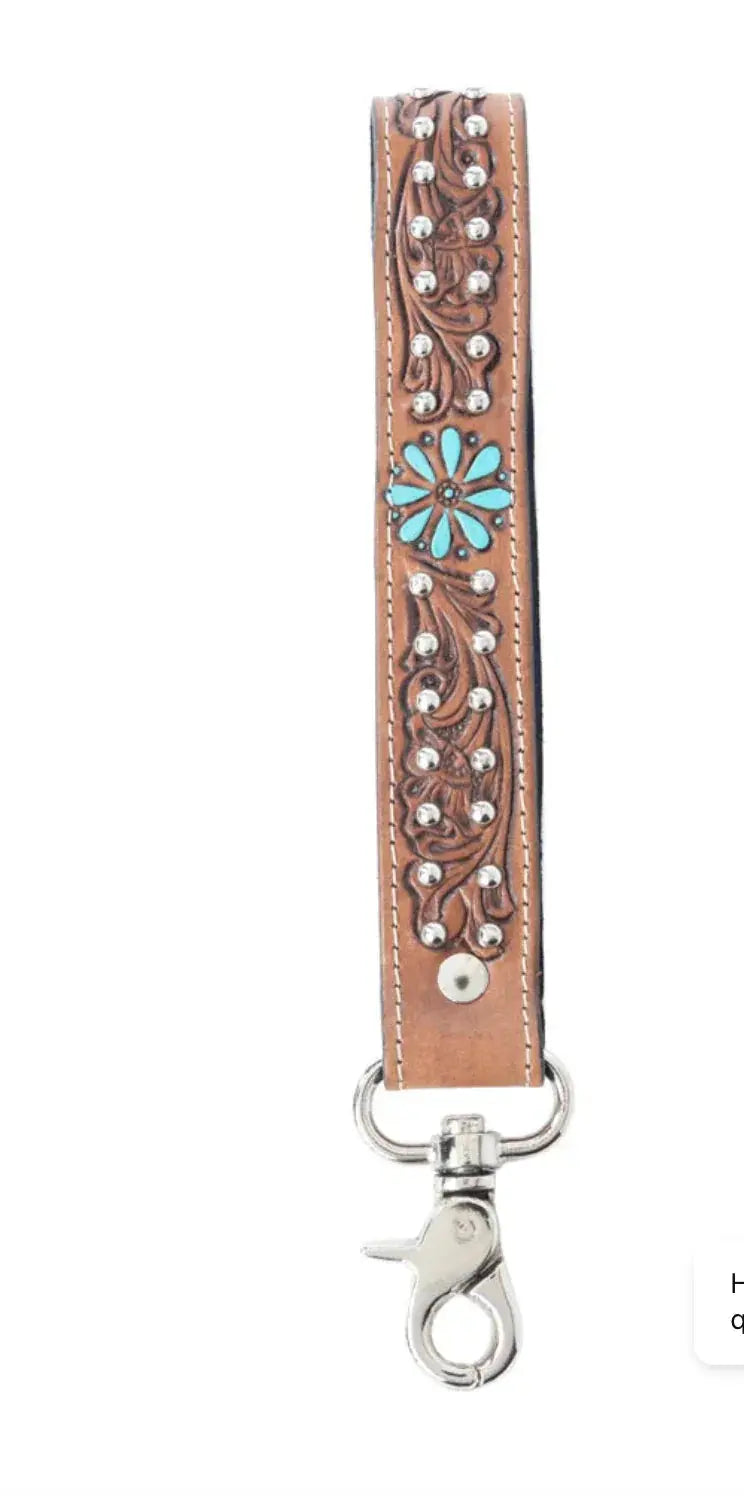 Desert Daisy Handtooled Leather Keyfob In Cactus Umber