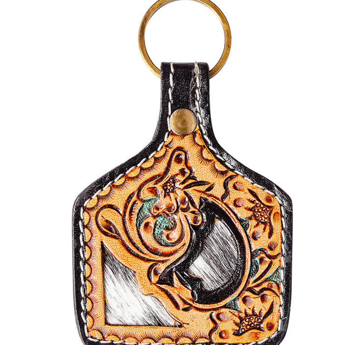 Trails East tan leather hand-tooled axe head key fob