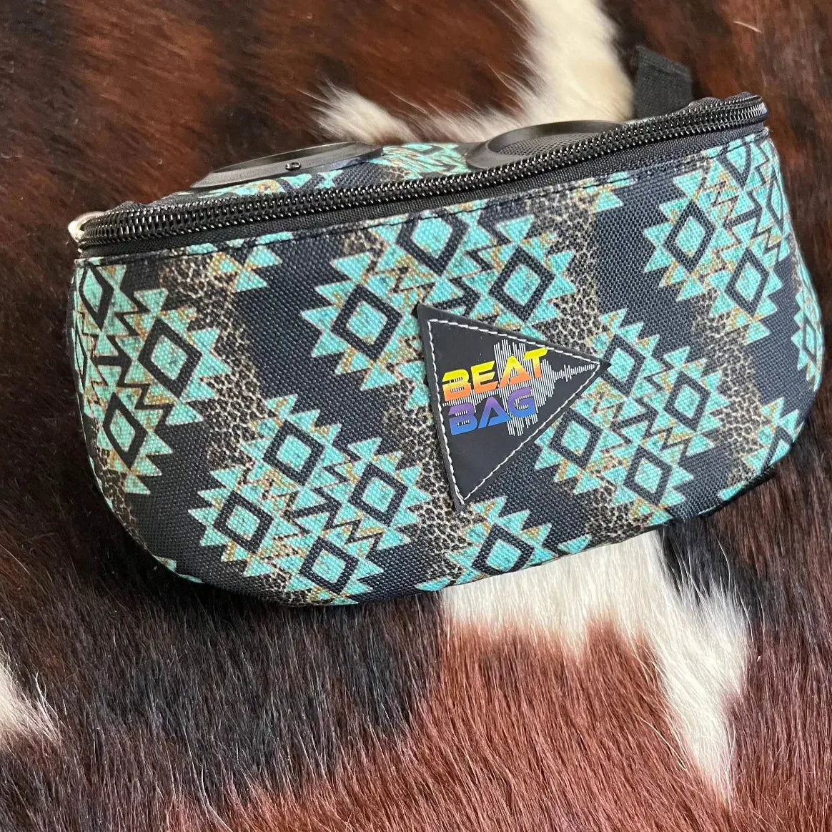 Teal black geometric tribal Beat Bag fanny pack with triangular logo patch