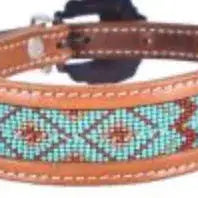 Genuine leather dog collar with teal beaded inlay Dog