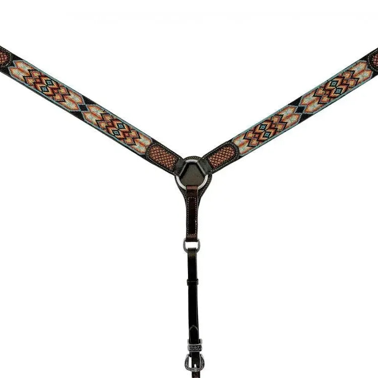 Dark Brown Argentina Cow Leather Breast Collar with Southwest Aztec Beaded Inlays Horse
