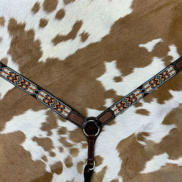 Dark Brown Argentina Cow Leather Breast Collar with Southwest Aztec Beaded Inlays Horse