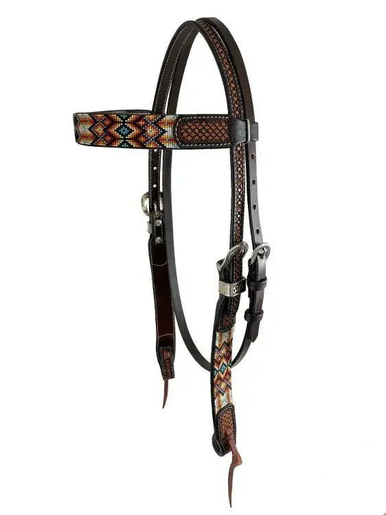 Two Tone Argentina Cow Leather Browband Headstall with Aztec Beaded Inlays Horse