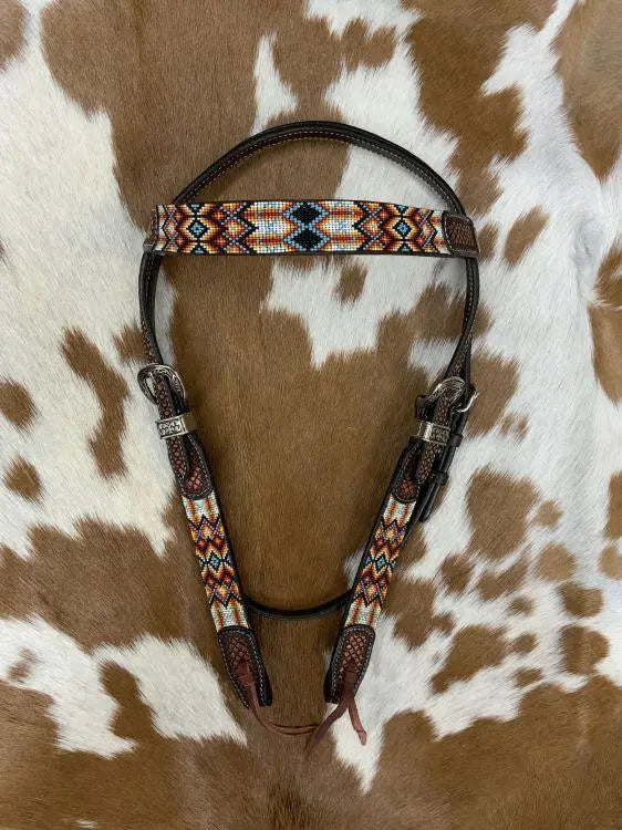 Two Tone Argentina Cow Leather Browband Headstall with Aztec Beaded Inlays Horse