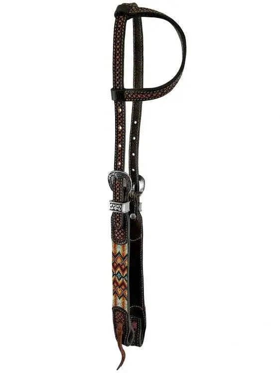 Two Tone Argentina Cow Leather One Ear Headstall with Southwest Aztec Beaded Inlays Horse