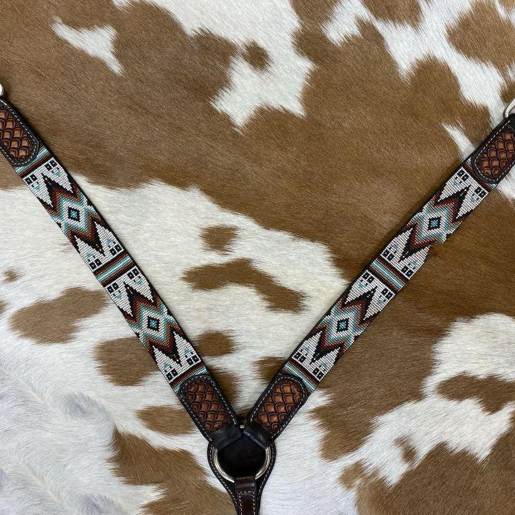 Dark Brown Argentina Cow Leather Breast Collar with Southwest Beaded Inlays Horse
