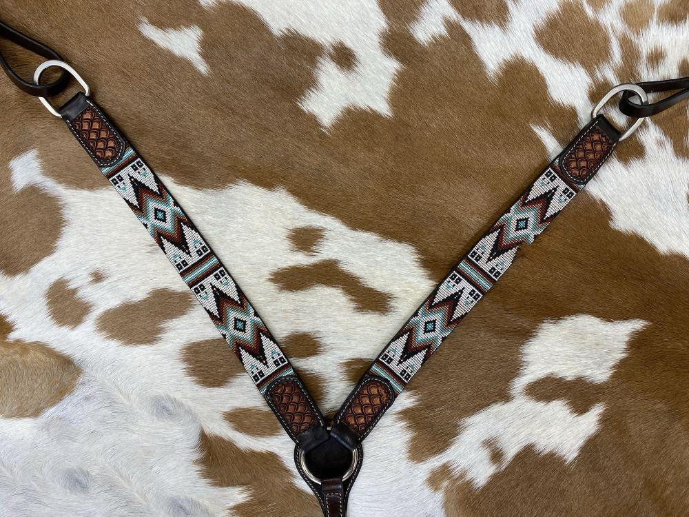 Dark Brown Argentina Cow Leather Breast Collar with Southwest Beaded Inlays Horse