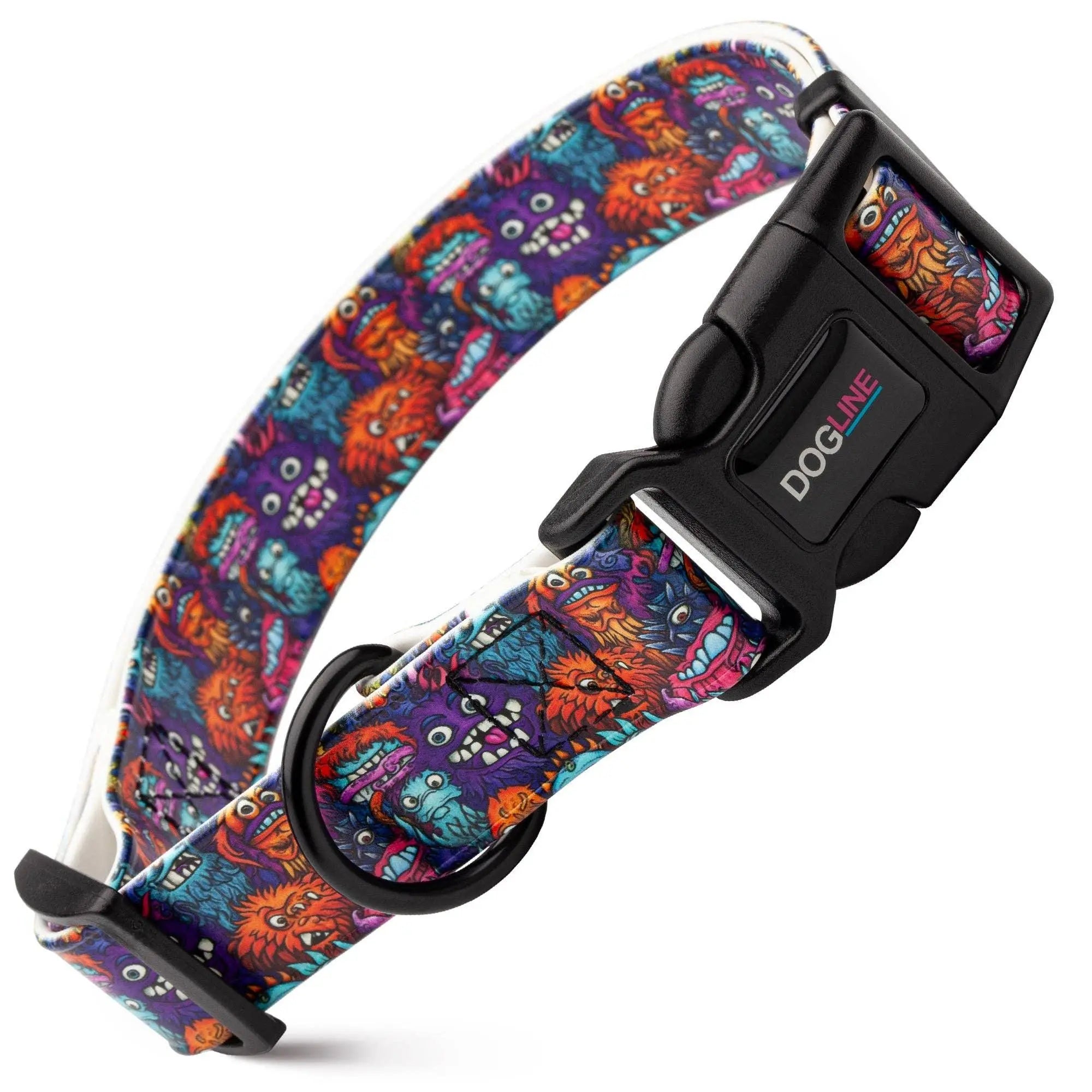 Dogline Biothane purple printed dog collar with colorful monsters
