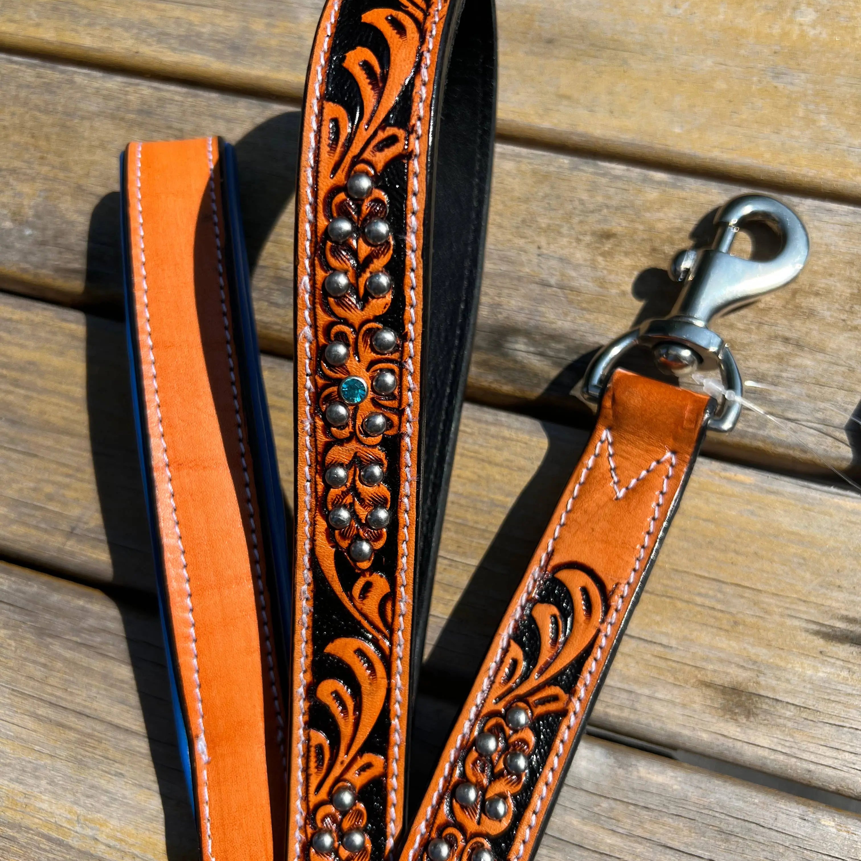 Western Tooled Leather Fancy Dog Leash Blue Padded Handle Dog