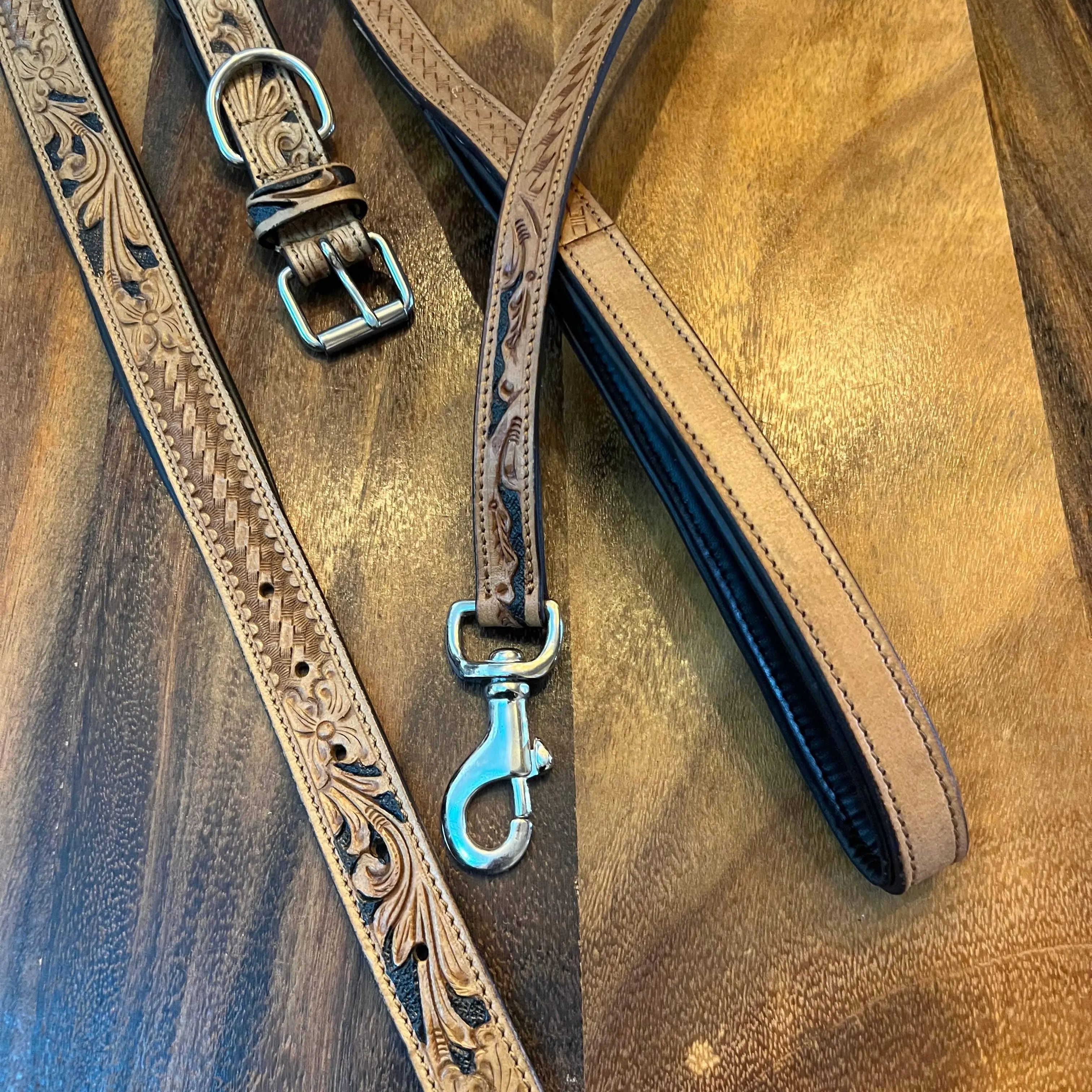 BISBEE Tooled Leather Basket stamp western dog collar Dog