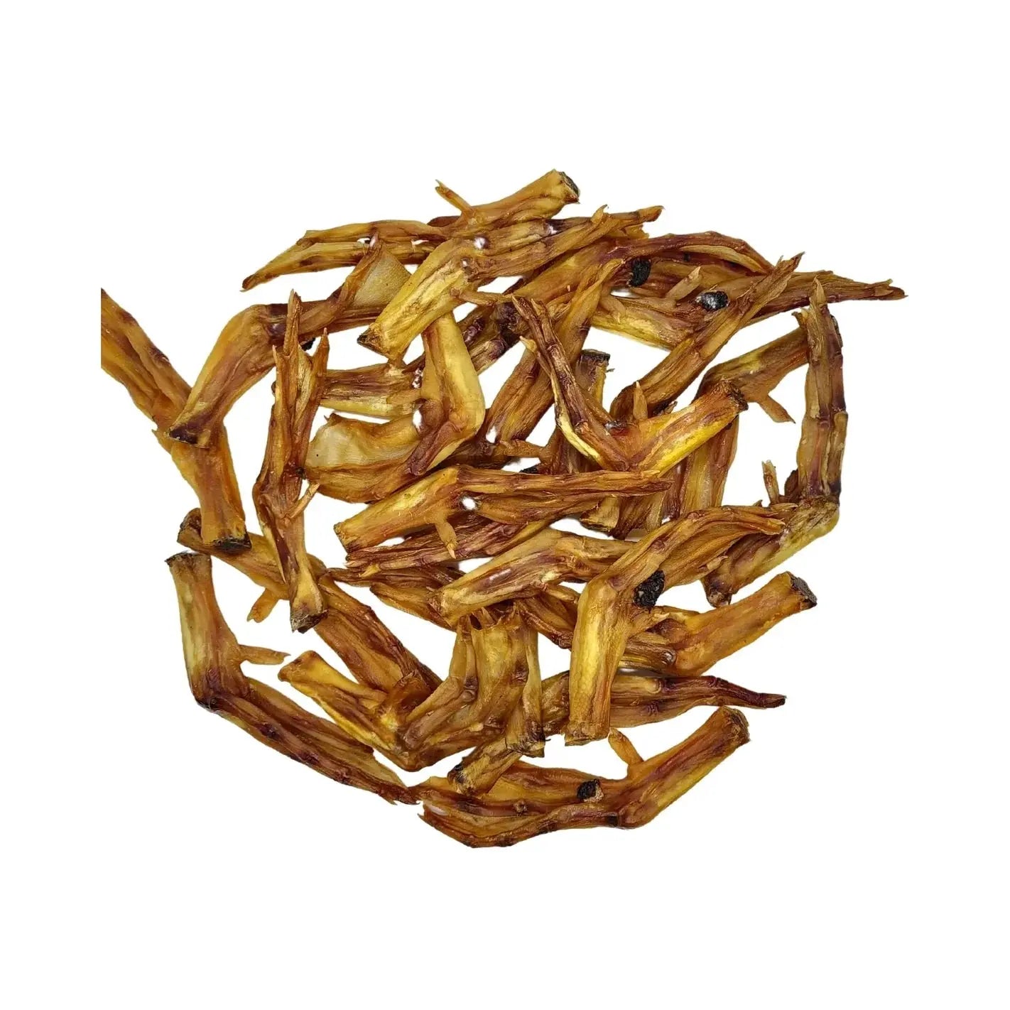 Pile of golden-brown Duck Feet fish jerky strips with glossy texture