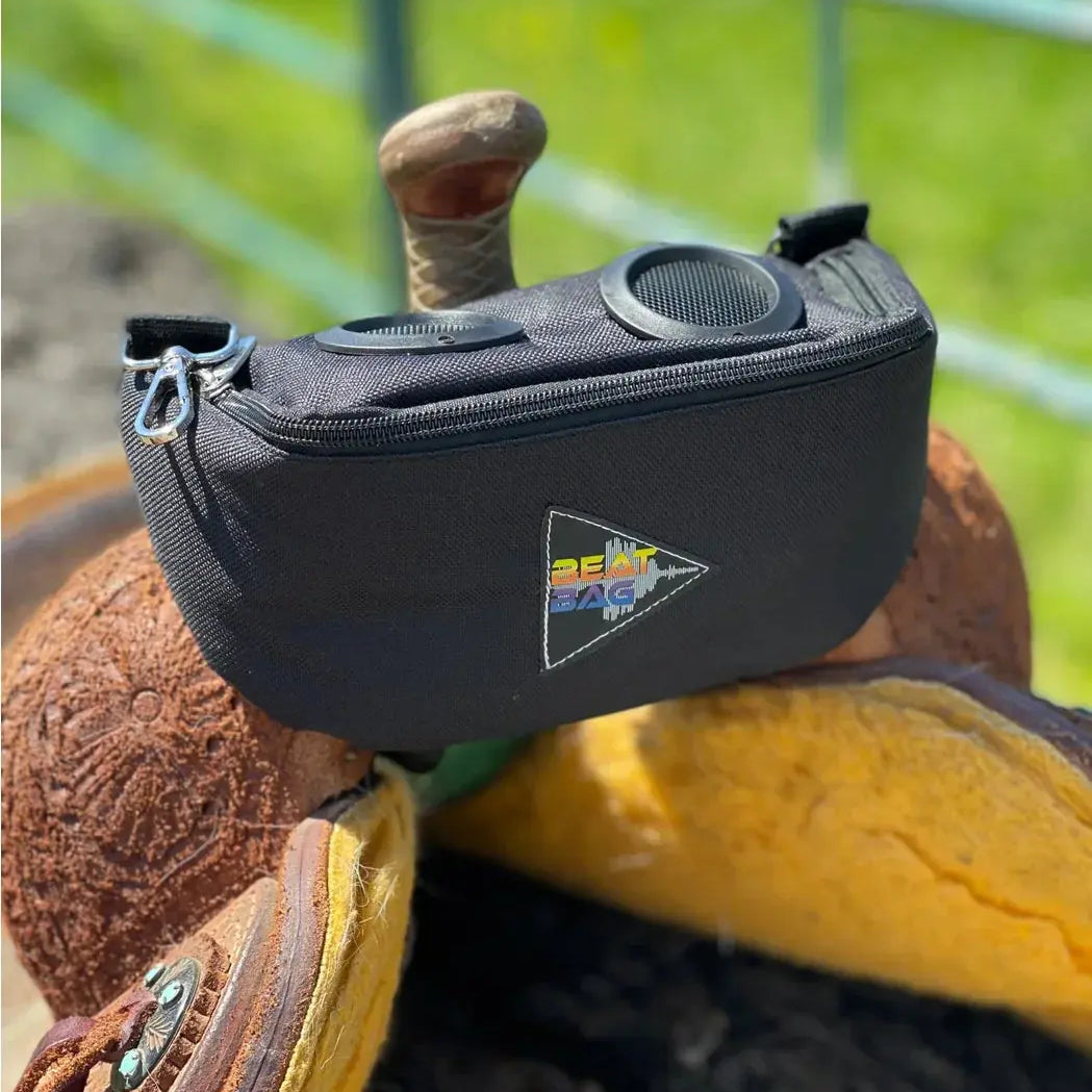 Black BEAT BAG waist pack with speaker grilles and logo patch