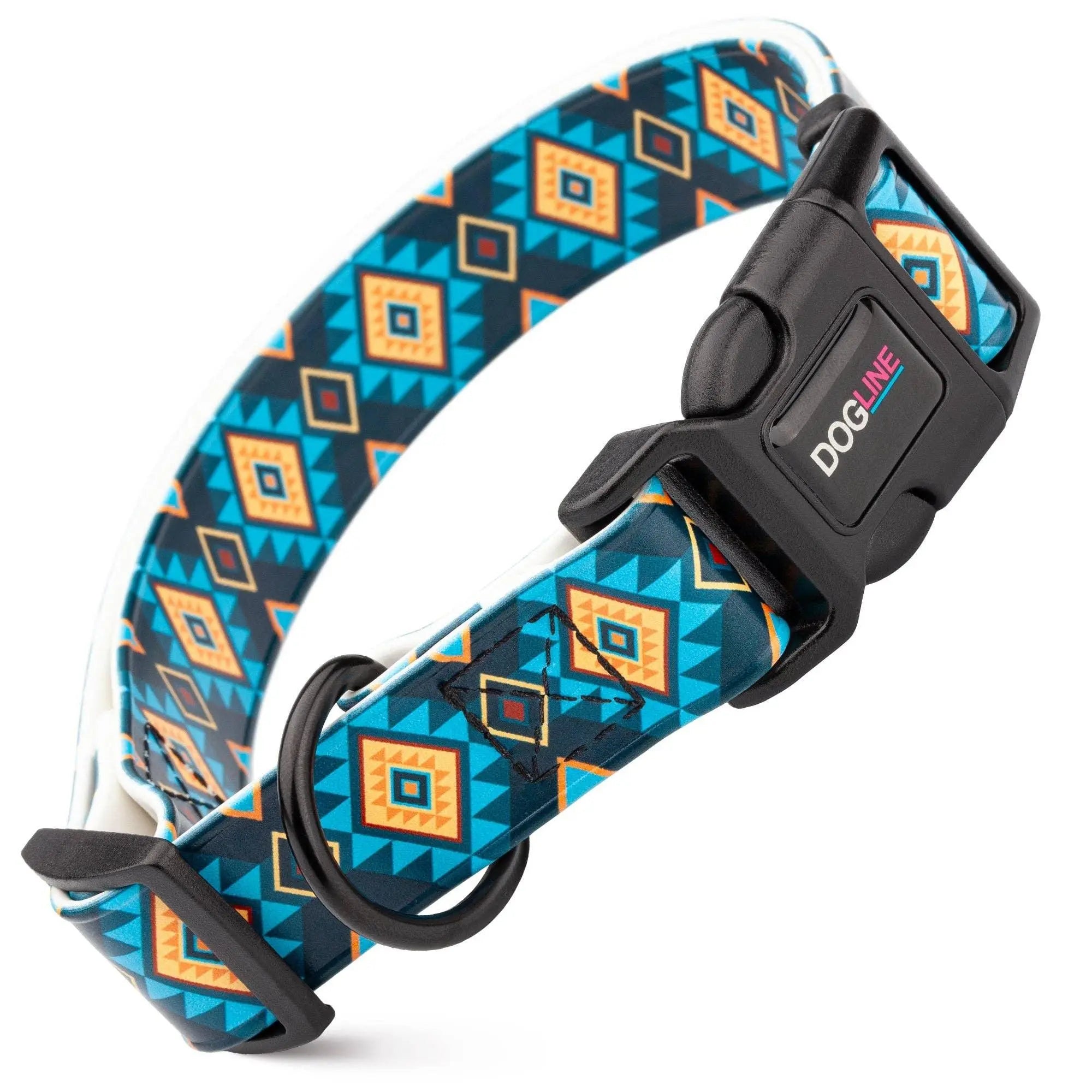 Dogline Biothane printed dog collar in blue orange geometric pattern with quick release buckle