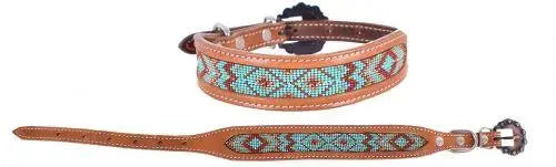 Genuine leather dog collar with teal beaded inlay Dog