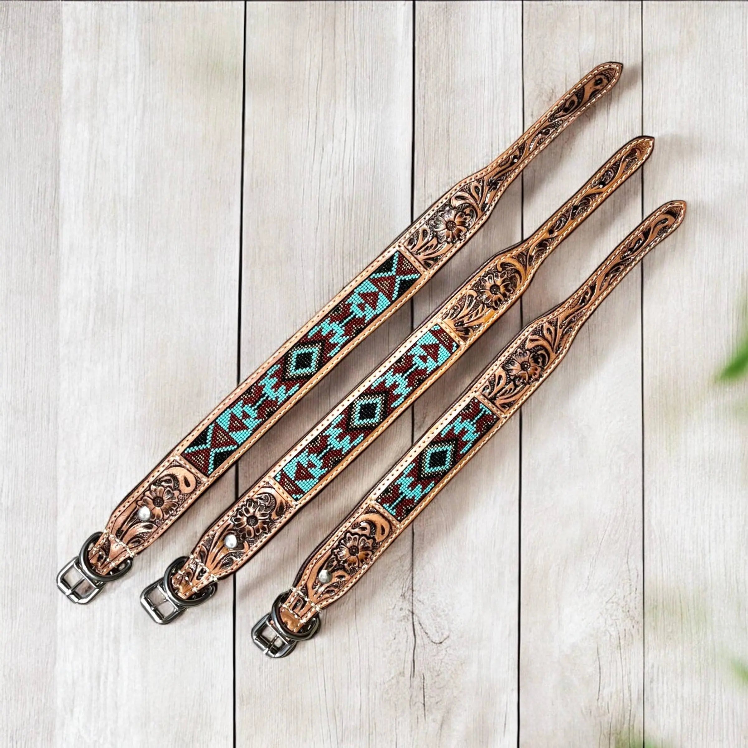 Turquoise and red Aztec tooled leather dog collar