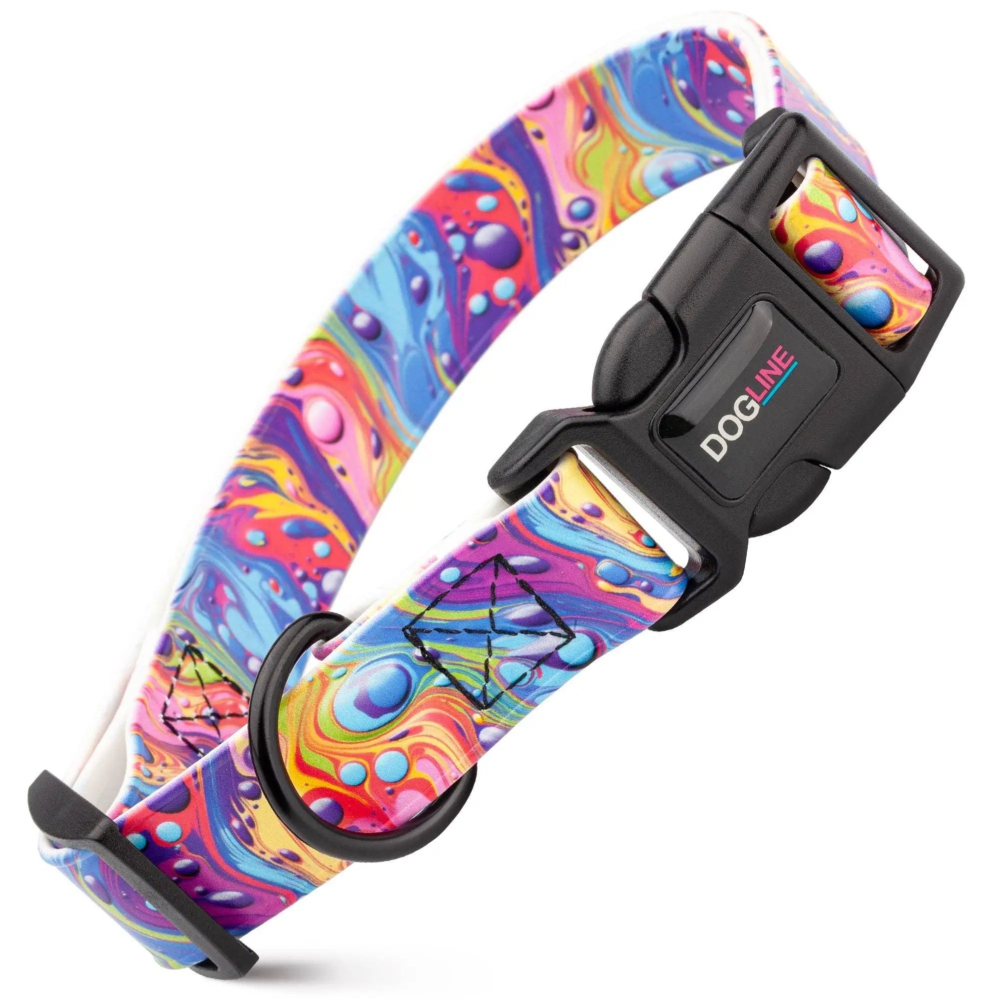 Vibrant rainbow marbled Dogline Biothane dog collar with quick-release buckle