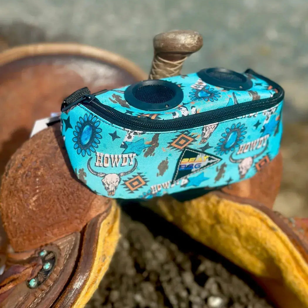 Turquoise Howdy Beat Bag saddle bag with skull sunflower pattern, 2 cup holders
