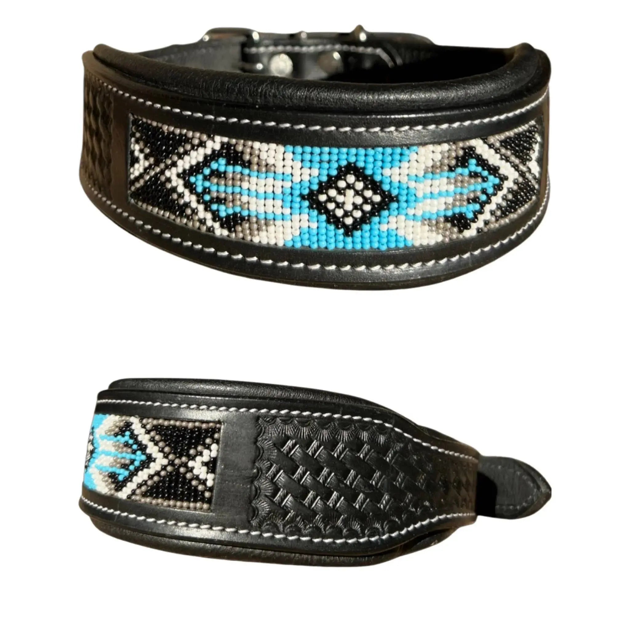Black Basket Weave Stamped Western Leather Padded Dog Collar Small Dog